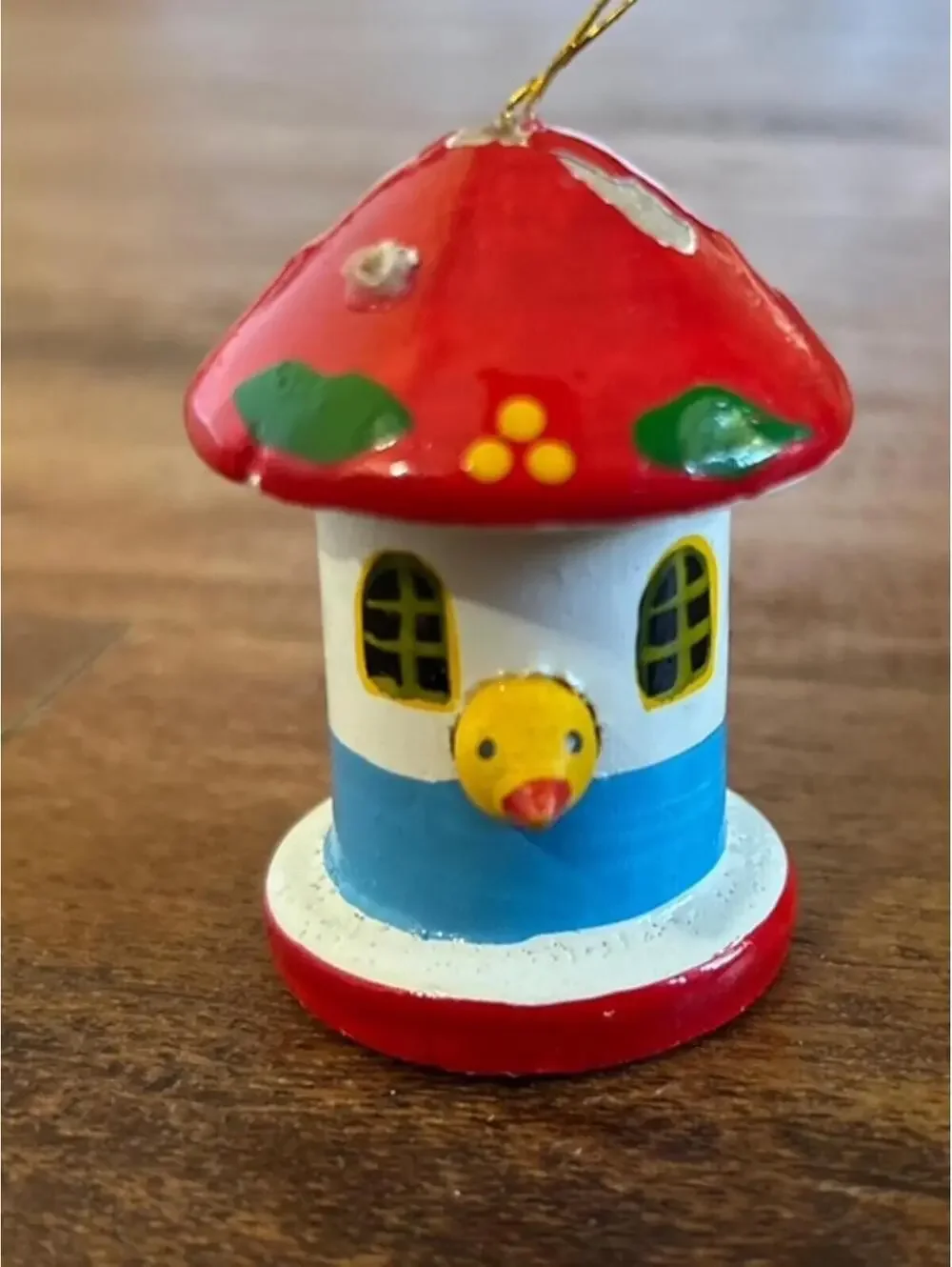Set of 2 Vintage Hand-Painted Christmas Ornaments - Mushroom House, Bear Top Hat